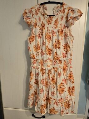 LOFT Cottage Core White Dress with Orange, RED, Yellow Floral Print